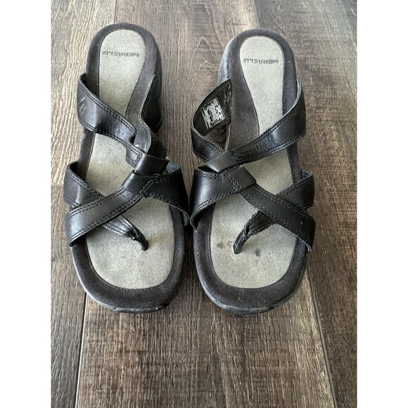 Merrell Sundial Cross Womens US 7 Black Leather Slip On Flip Flop Sandal Outdoor - Picture 8 of 8